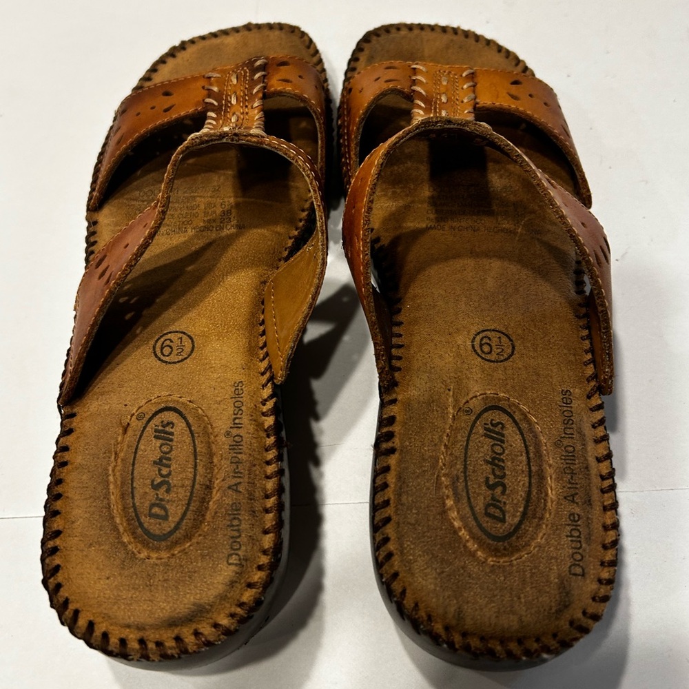 Dr Scholl's Women's Double Air Pillow Sandals Brown Leather Straps Slip on - Picture 2 of 8